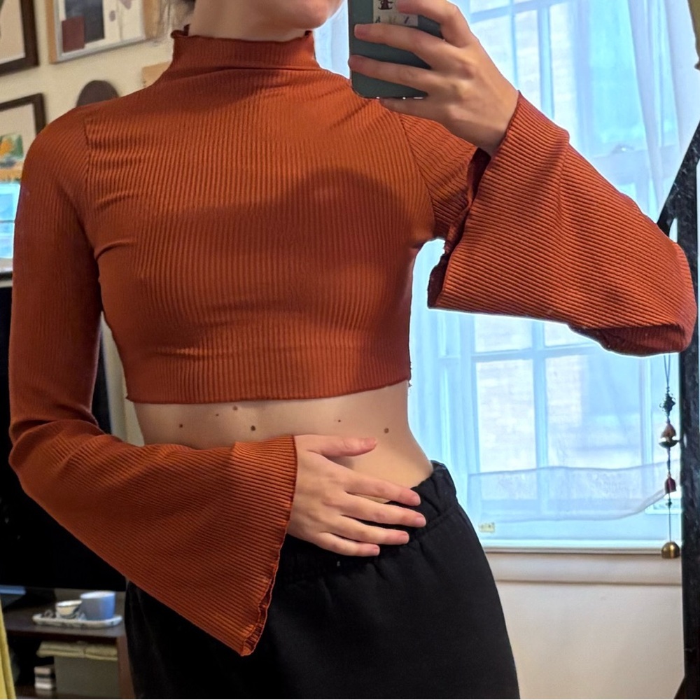 Nasty Gal Rust-colored Ribbed Bell Sleeve Crop Top
